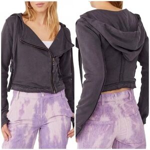 Free People We The Free Moto Hoodie Jacket Dark Gray Cropped Grunge Distressed S